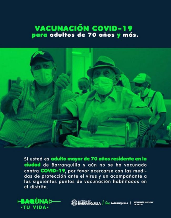 Barranquilla inicia vacunación COVID-19 en adultos de 70 años en adelante