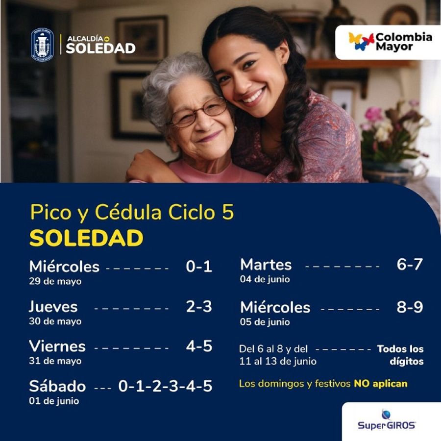 Pico y Cédula del ciclo cinco para el pago de Colombia Mayor en Soledad